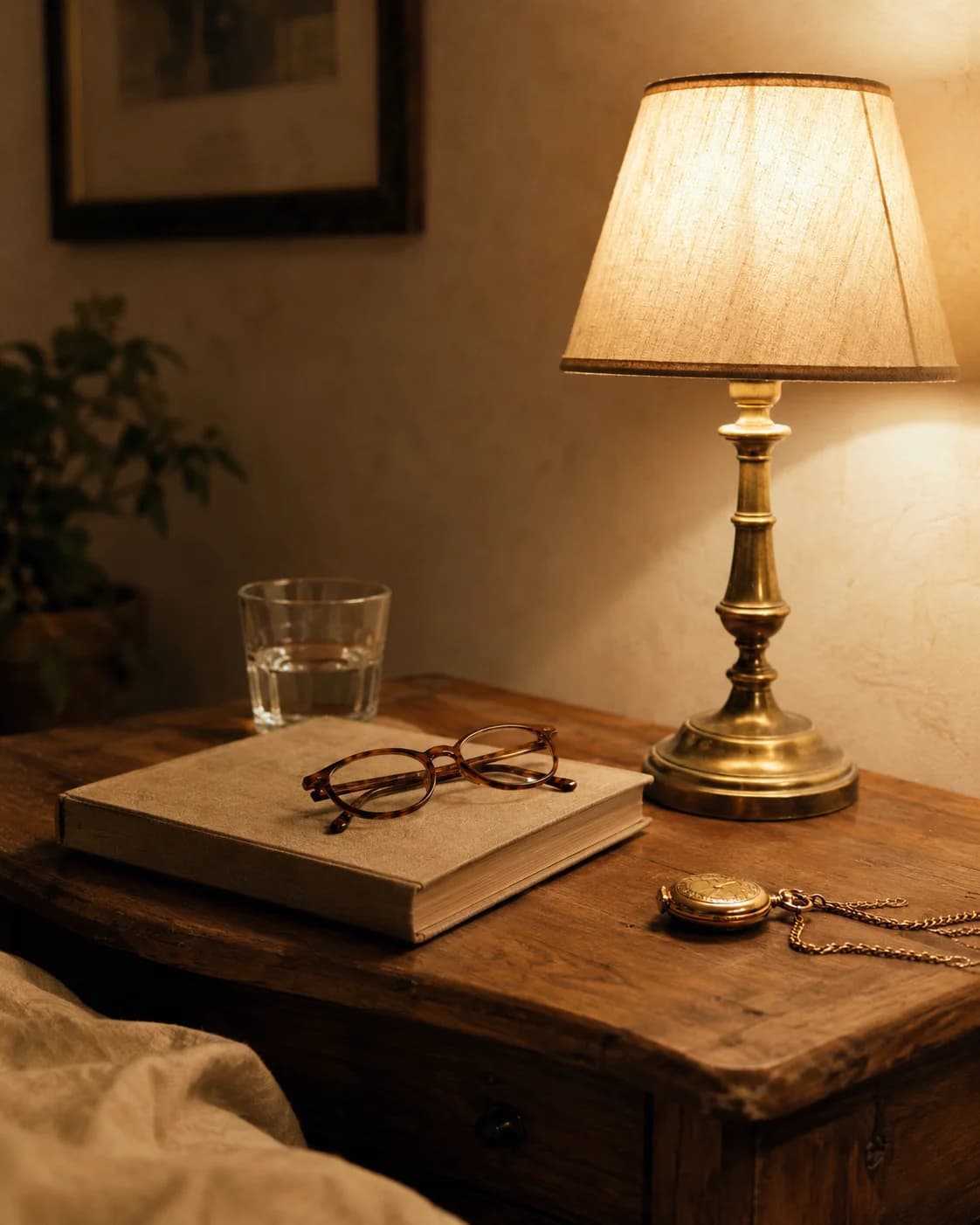 mesa de cabeceira de madeira com abajur de luz quente, copo d'água, óculos de leitura sobre um livro de capa de linho e relógio de bolso